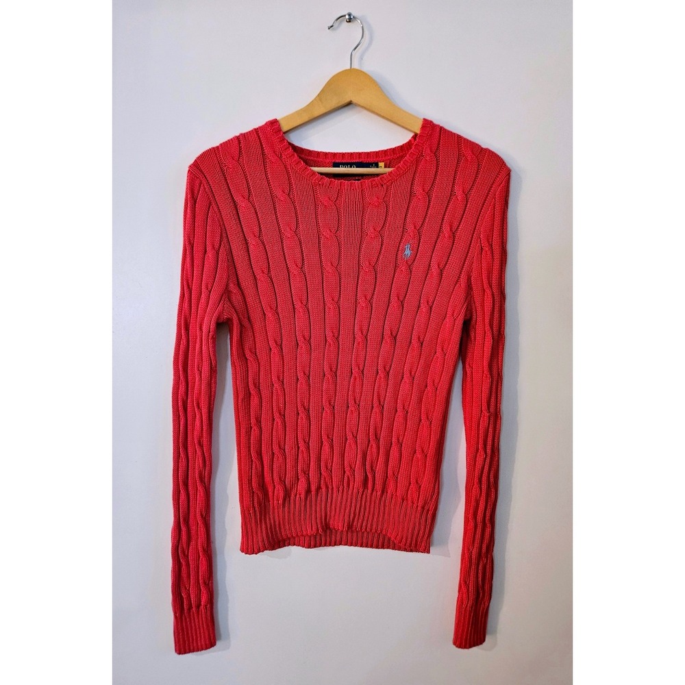 Polo Ralph Lauren Cable Knit Sweater Womens M Red Excellent Pima Cotton Slim Fit - Picture 2 of 7